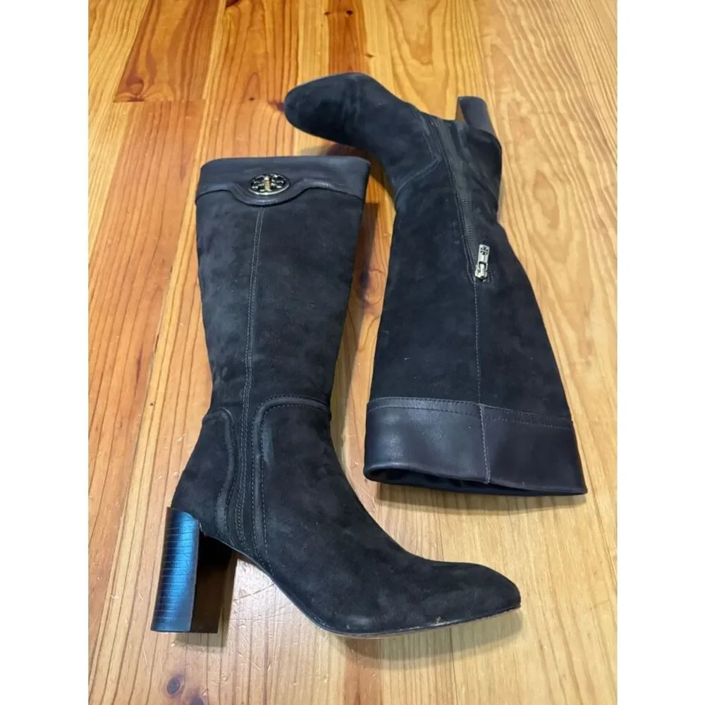 Tory Burch Selma Mid Heel Tall Riding Boots Womens SIZE 8.5M Brown Suede Leather